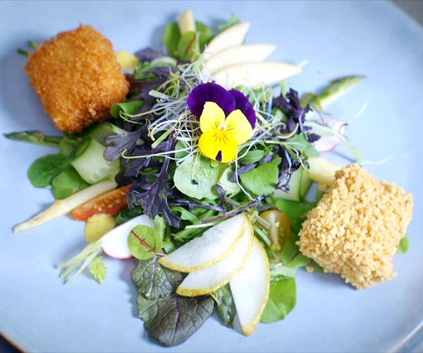 Sommersalat mit Fairebel-Käsekroketten.